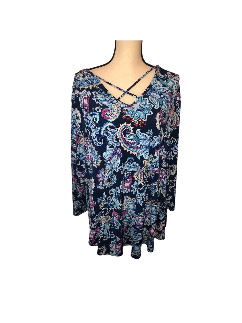 Chicos Size 3 2X Blue Paisley Slinky Knit Tunic Caged V Neck 3/4 Sleeve Curvy
